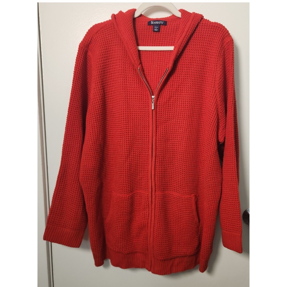 Roaman's Red Full Zip Thermal Waffle Weave‎ Women's Sz 22/24 1X Cardigan Hoodie